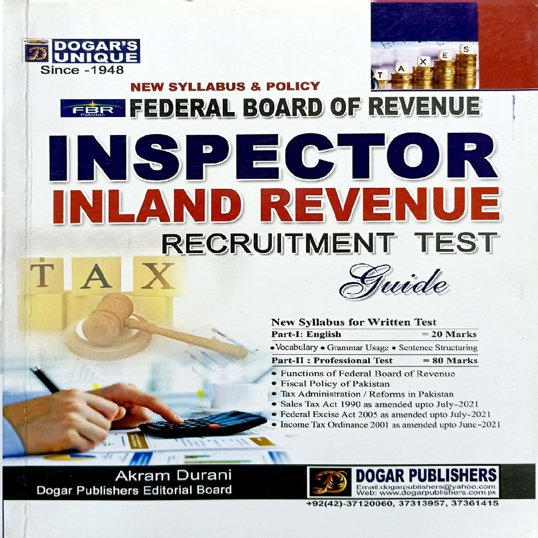 Dogar's Publisher FBR Inspector Inland Revenue Recruitment Test Guide by Akram Durani.